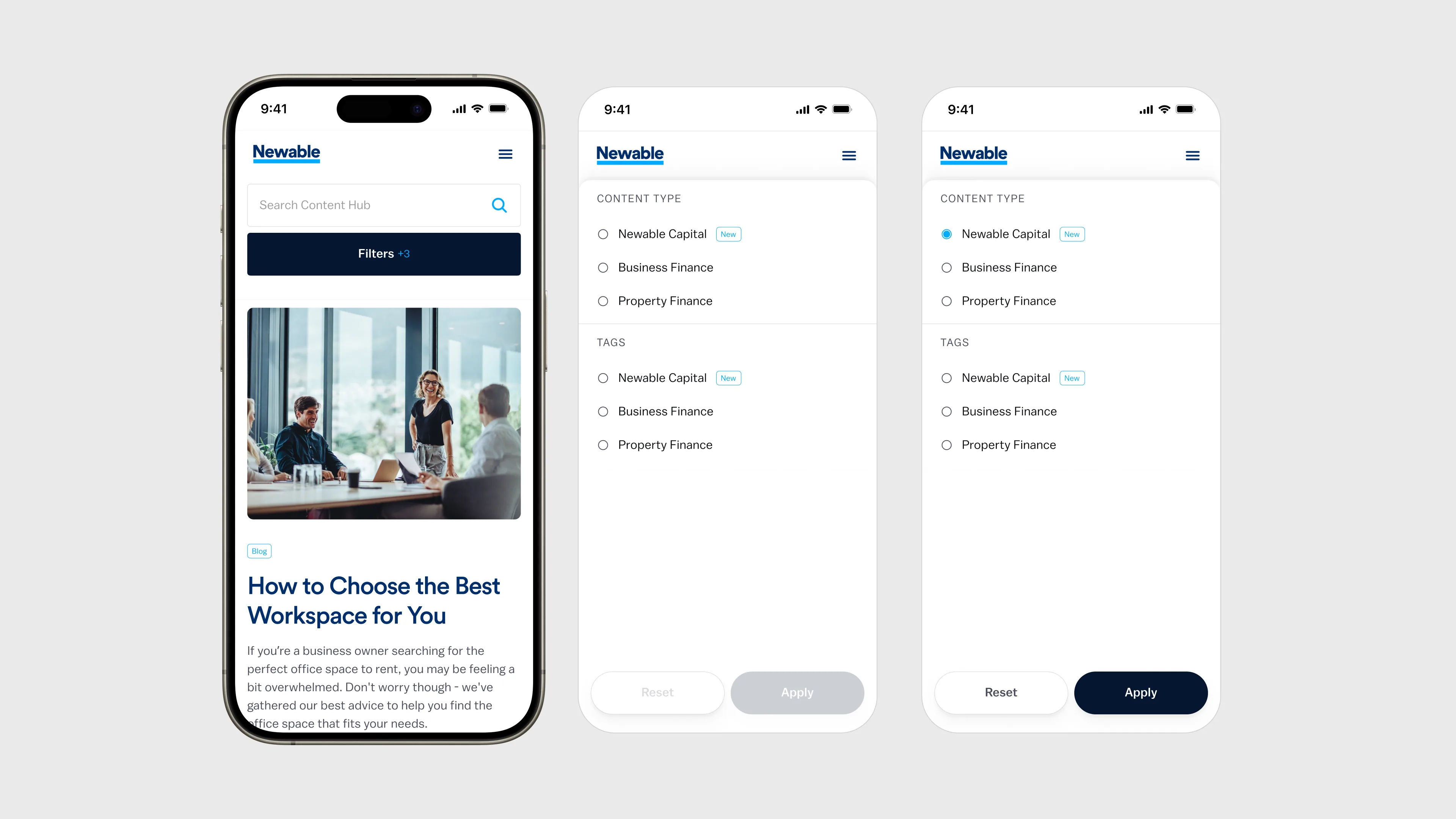 Phone screens showing blog and filters