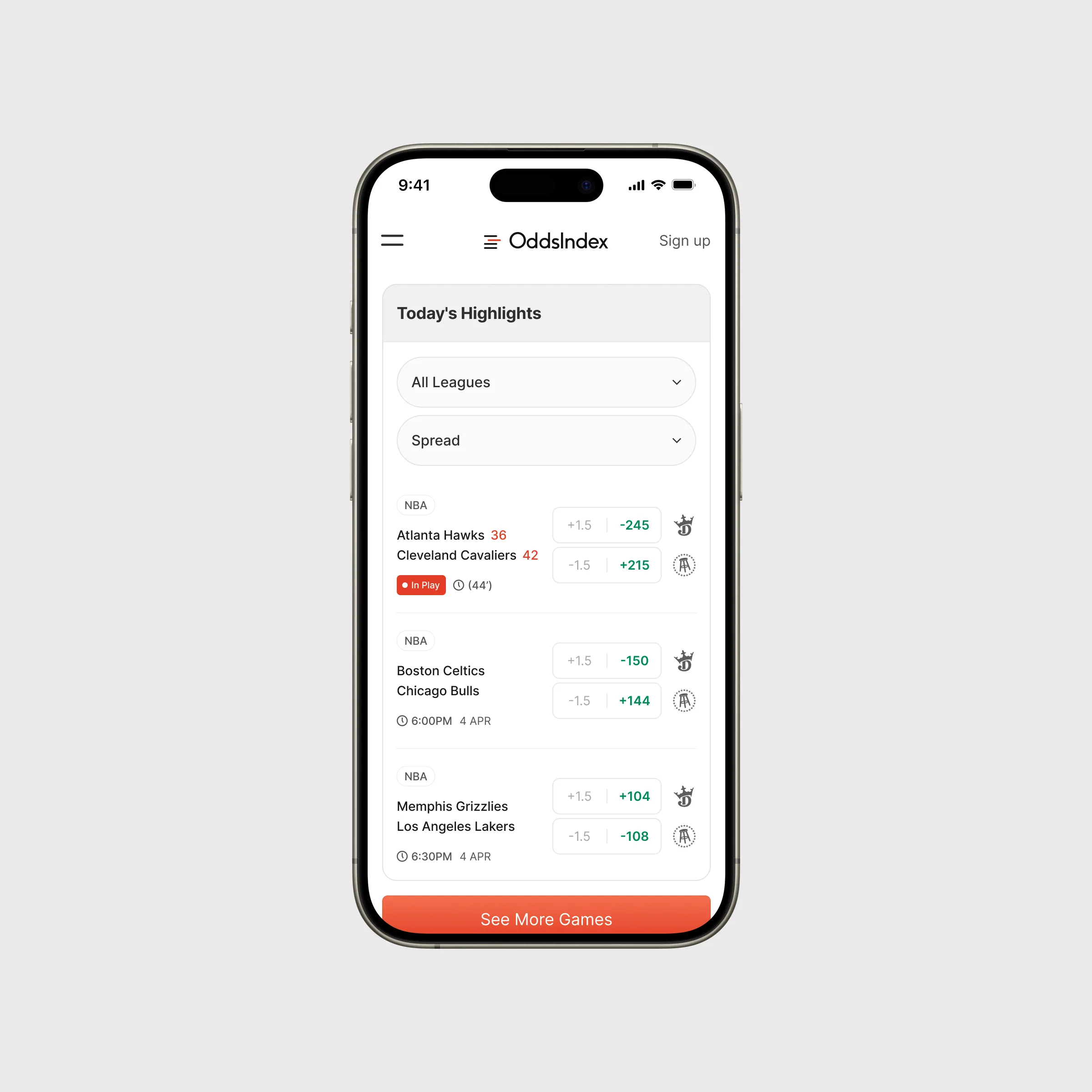 iPhone mockup betting odds page