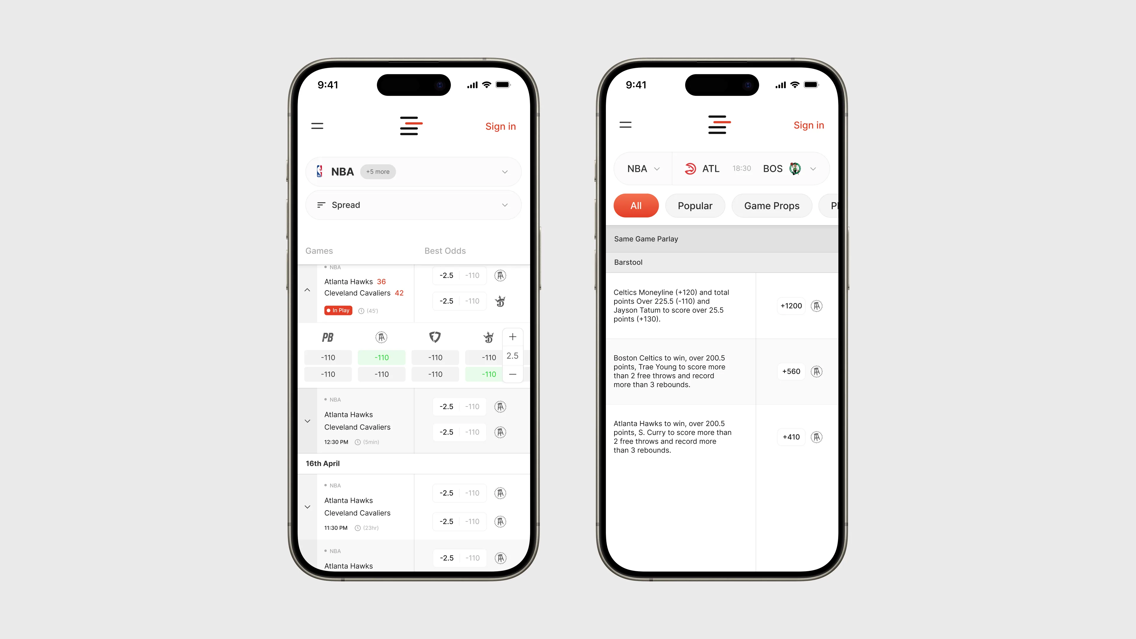 2x iPhone mockups showing betting odds