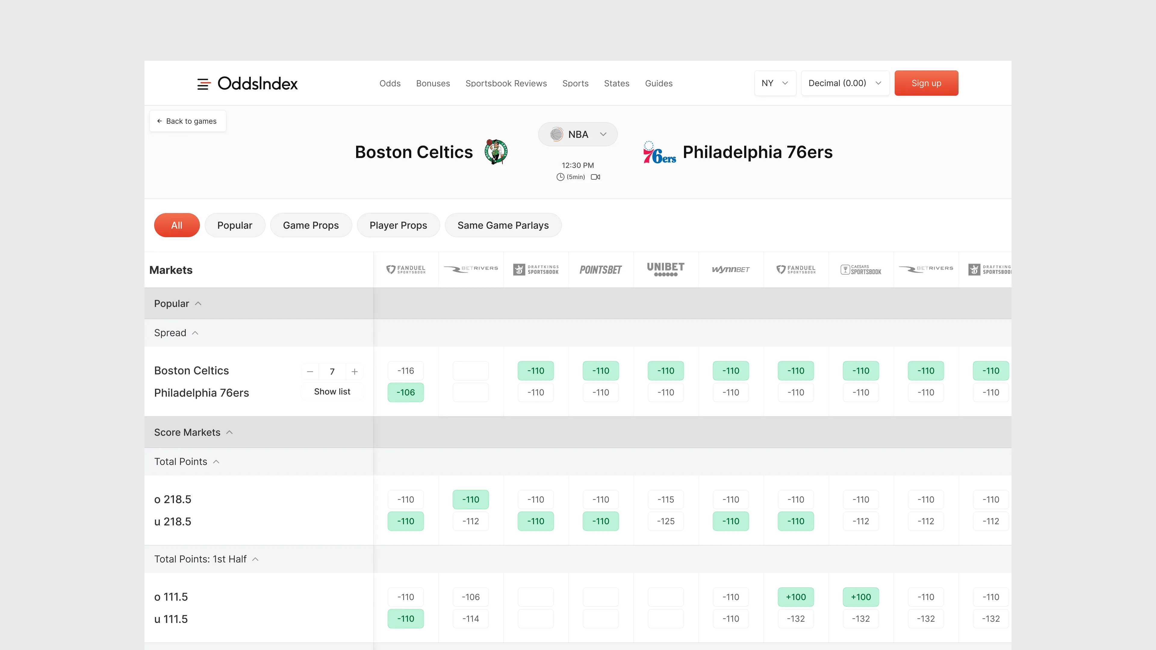 Game odds comparison table