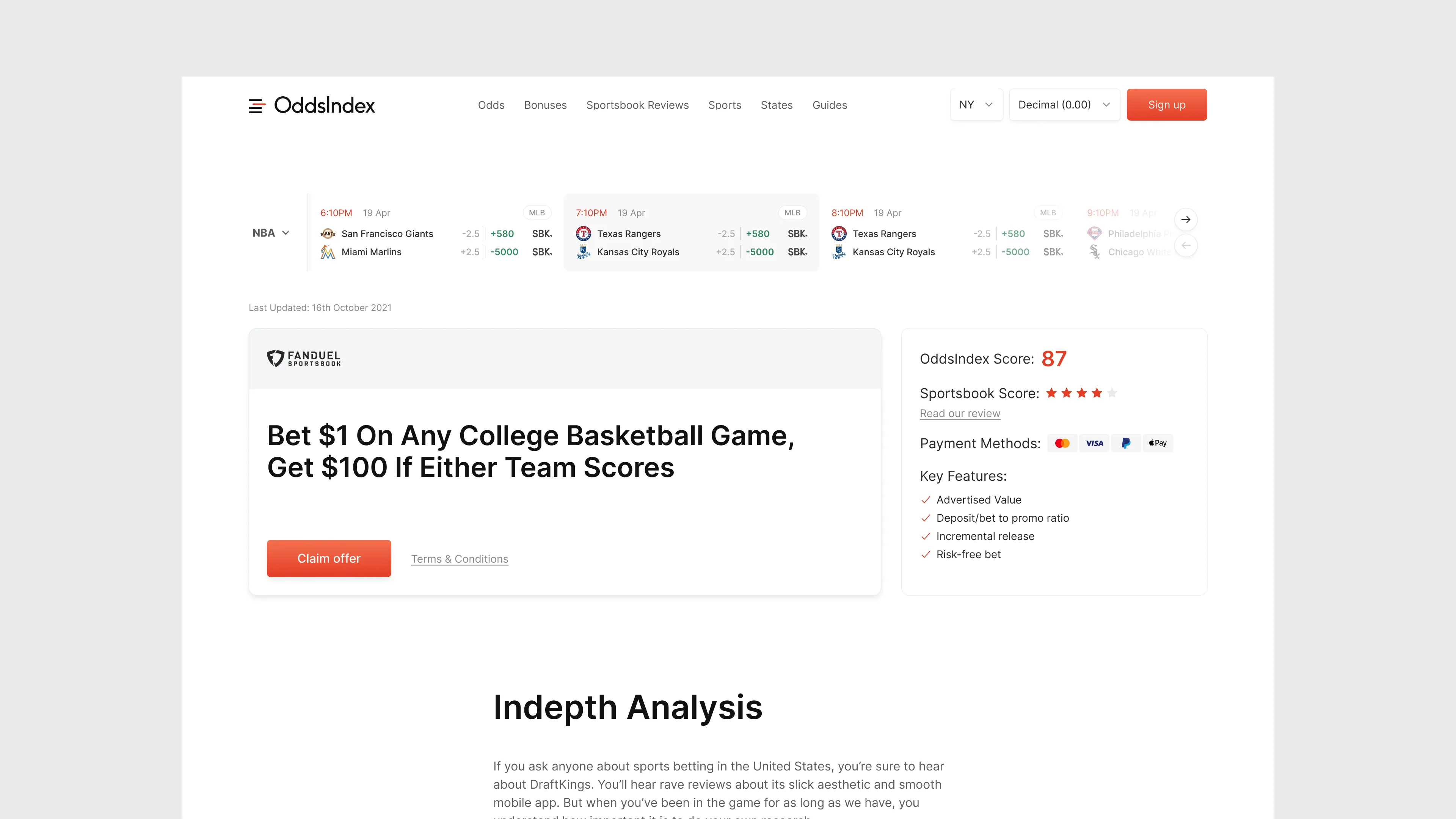 Betting platform review page